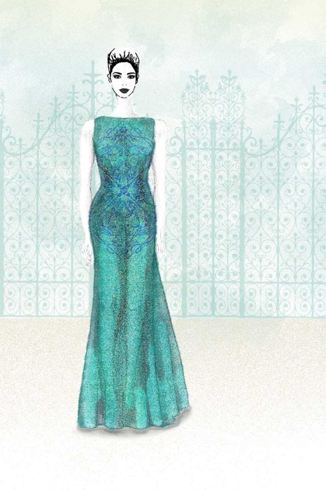 Emerald Green Satin Gown with Lace Overlay by Olivia Torma Couture